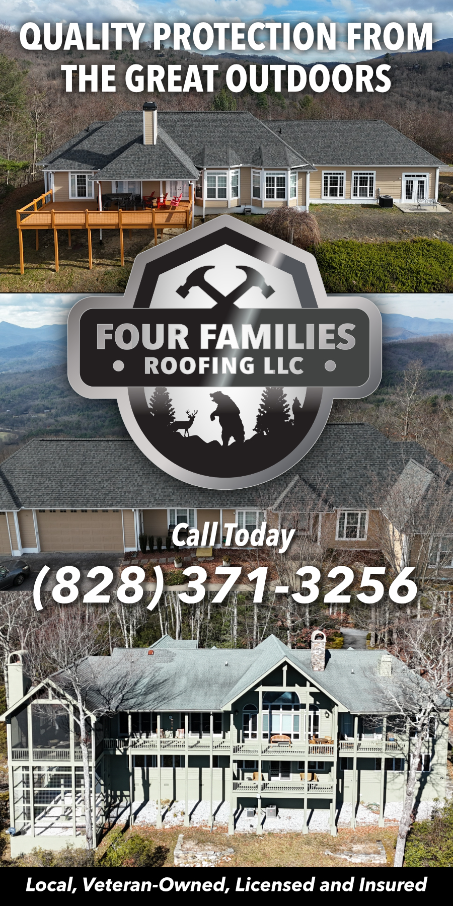 Exterior of a large house with a new roof and a deck, showcasing roofing services by Four Families.
