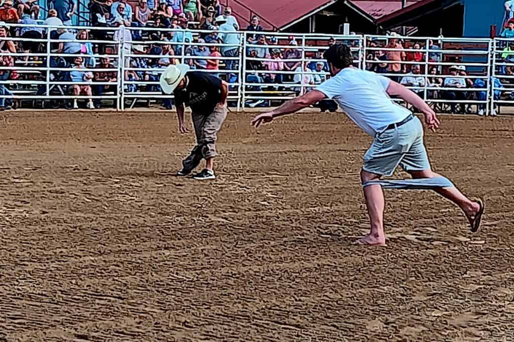Rodeo scene with cowboy and announcer at Macon Sense.