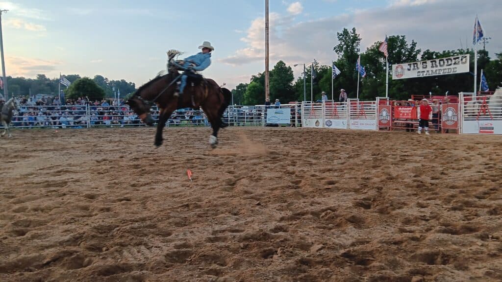 Cowboy riding a bucking horse at a rodeo event.