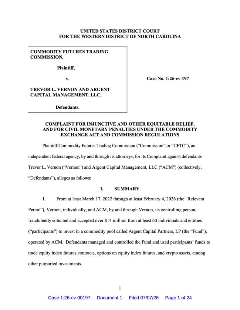 Legal document related to commodity futures trading case in North Carolina.