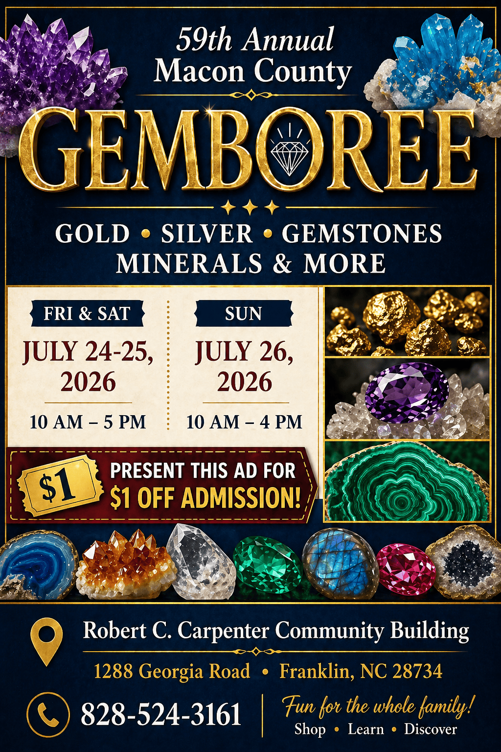 GEMBOREE 59th Annual Gem and Mineral Show with gemstones and minerals display.