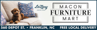Modern furniture display at Macon Furniture mobile store in Franklin, NC.