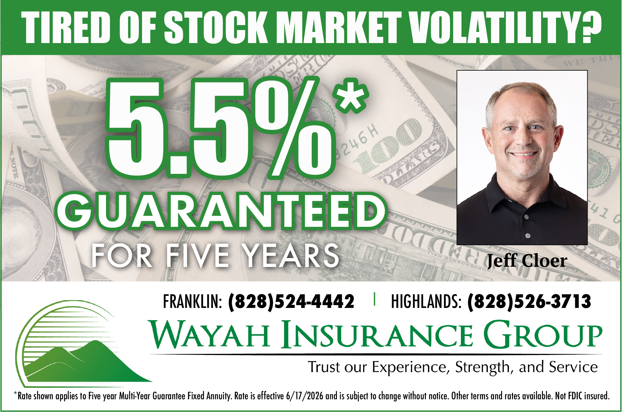 Financial advertisement for Wayah Insurance Group with Jeff Cloer, stock market volatility message.