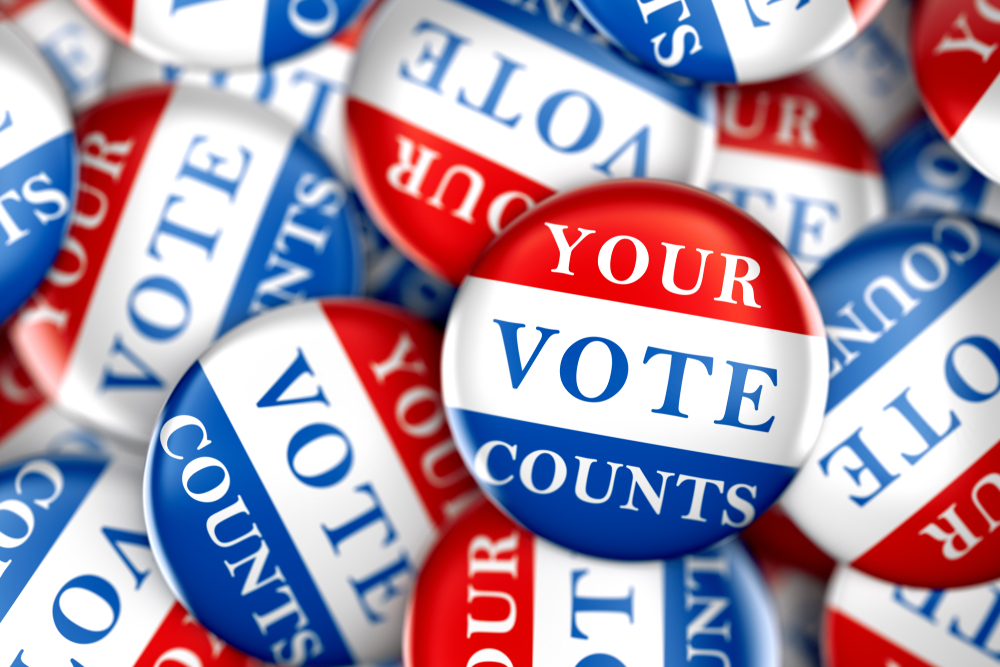 Election vote button with 'Your Vote Counts' message in red, white, and blue colors.