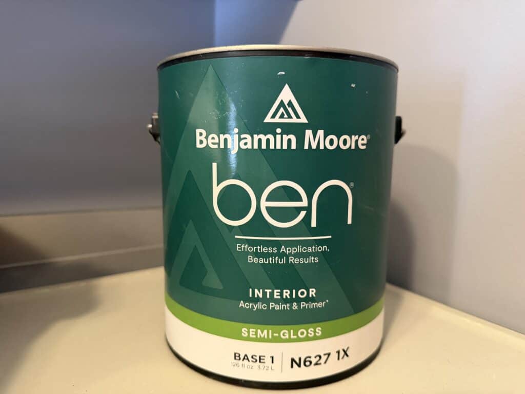 Benjamin Moore ben interior semi-gloss acrylic paint can for home renovation.