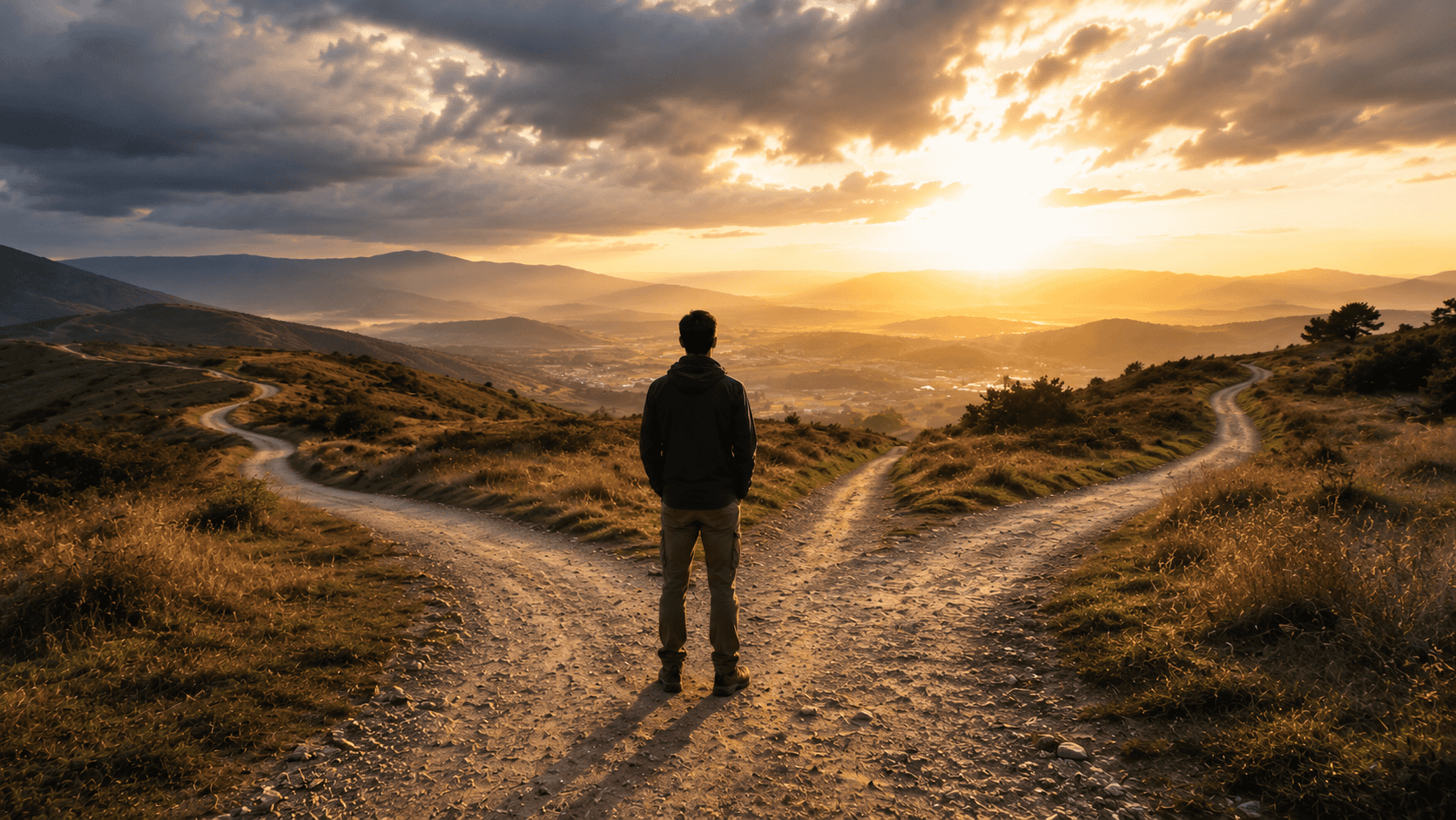 Person standing at a fork in the road during sunset in a scenic mountain landscape.