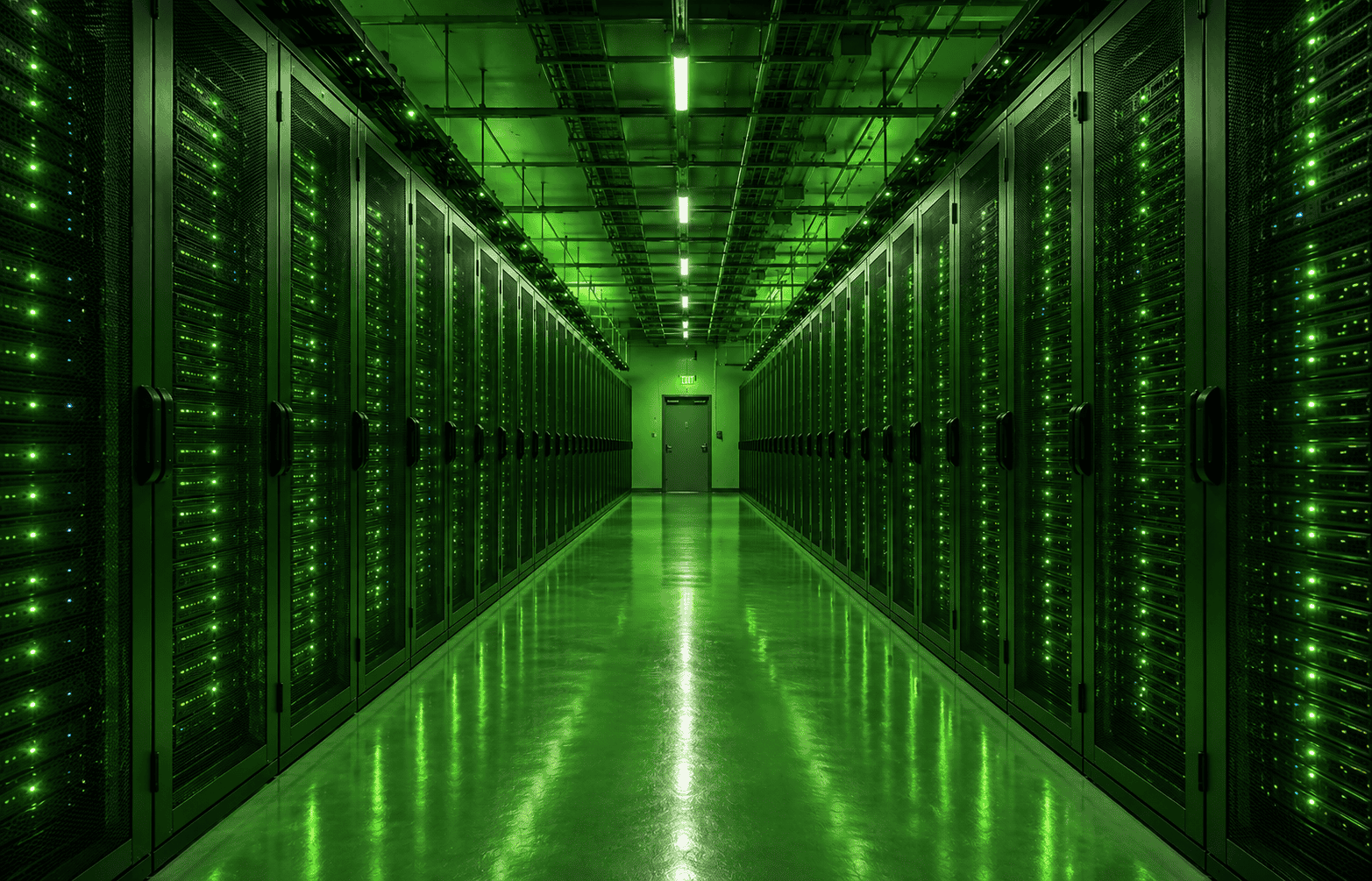 Green-lit data center with rows of server racks and cooling systems.
