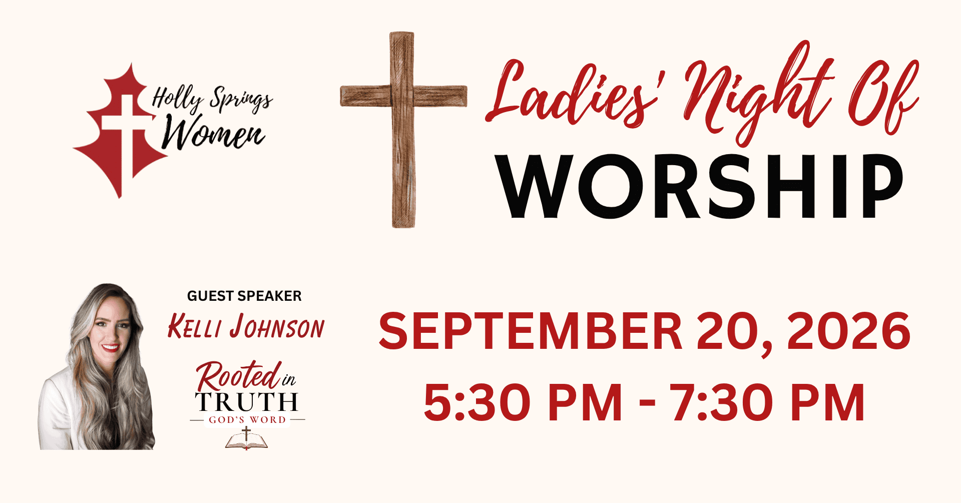 Event banner for Ladies’ Night of Worship with cross and guest speaker image.