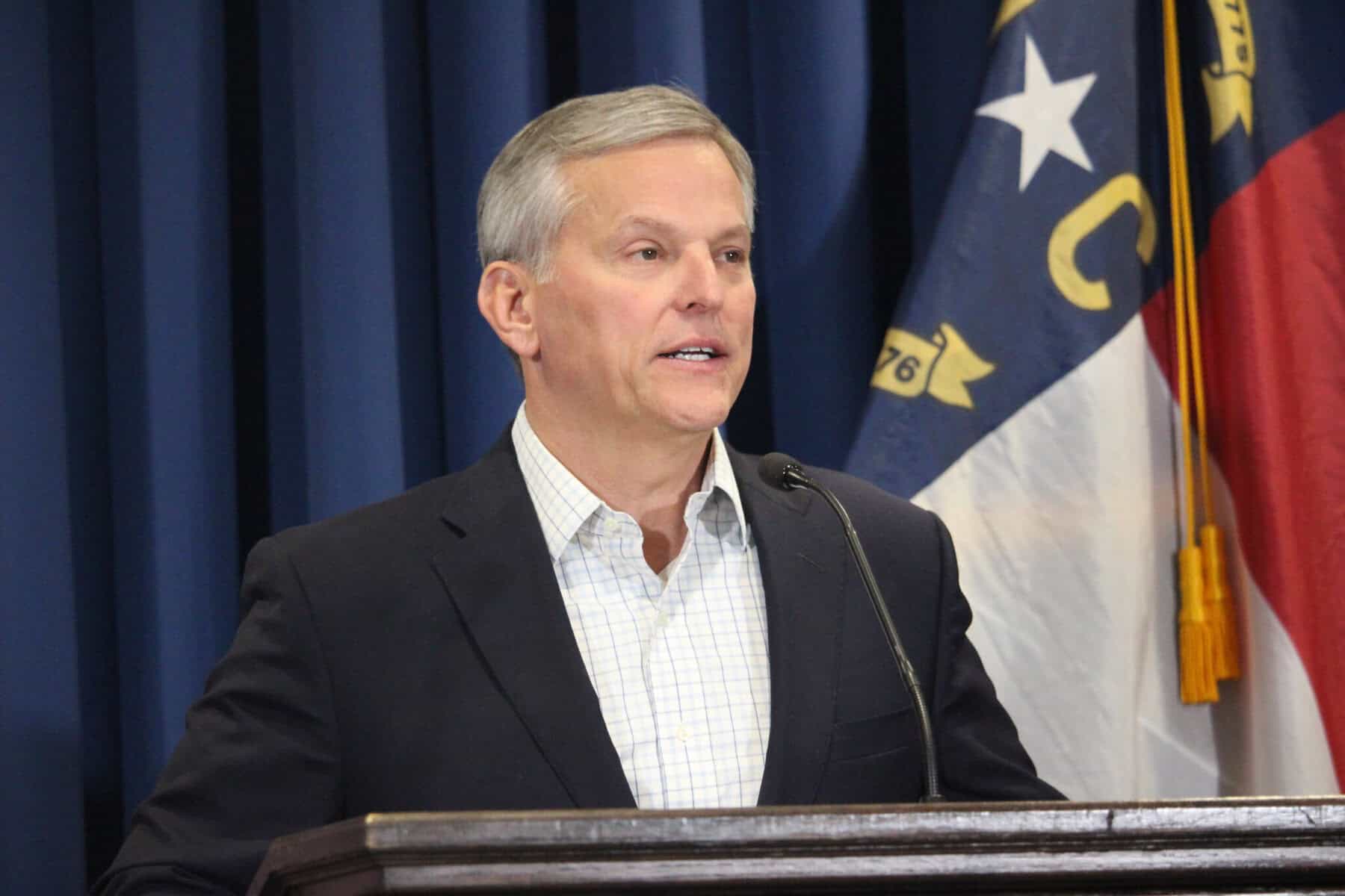 North Carolina Governor Stein discusses elections bill at press conference.