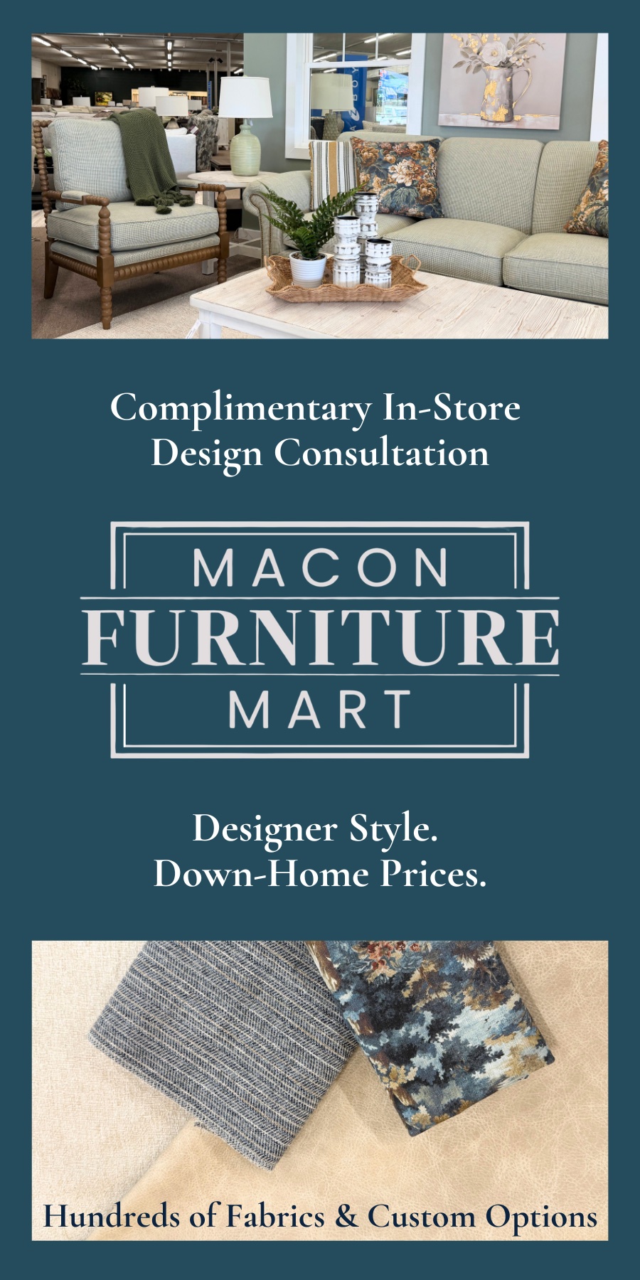 Elegant furniture showroom with sofas, chairs, and fabrics at Macon Furniture Mart.