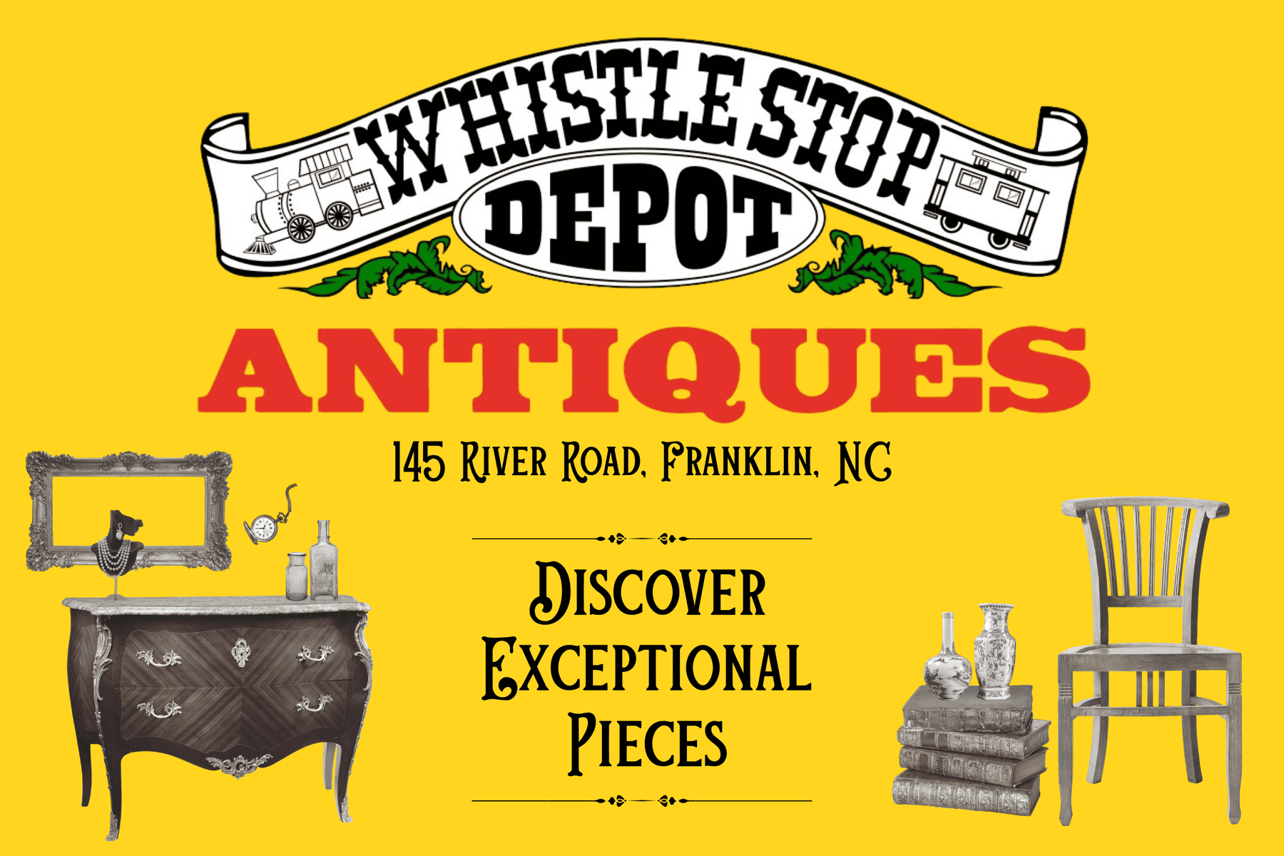 Vintage-style sign for Whistle Stop Depot Antiques in Franklin, NC.