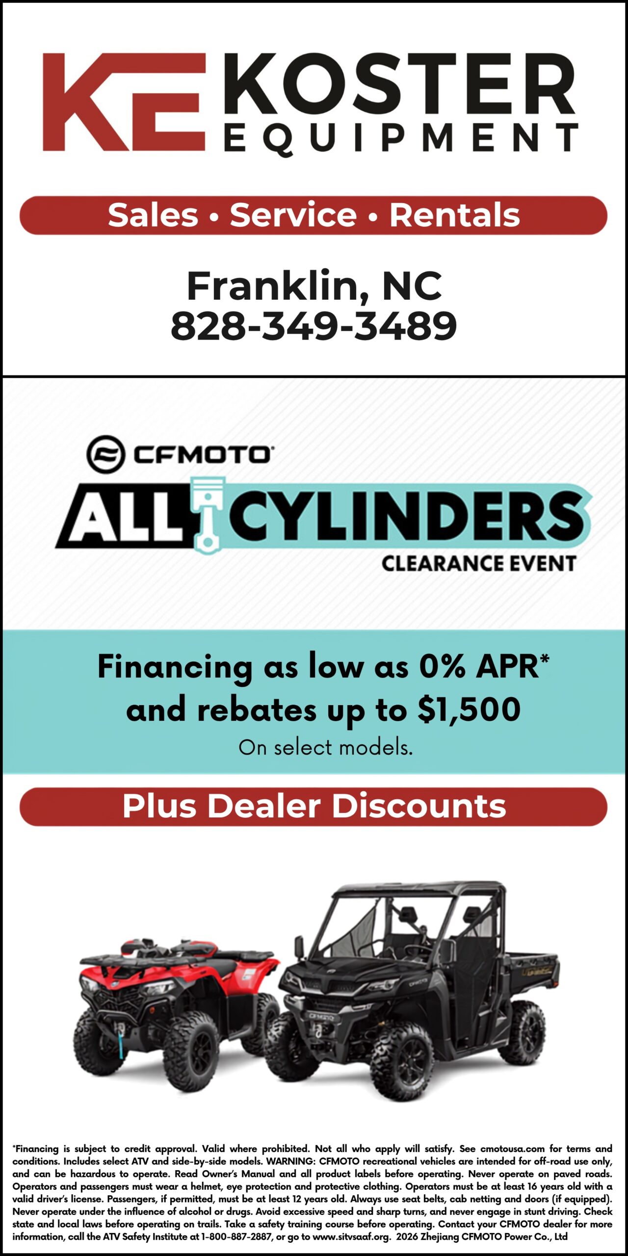Koster Equipment sales and rentals flyer with ATV and utility vehicle images.