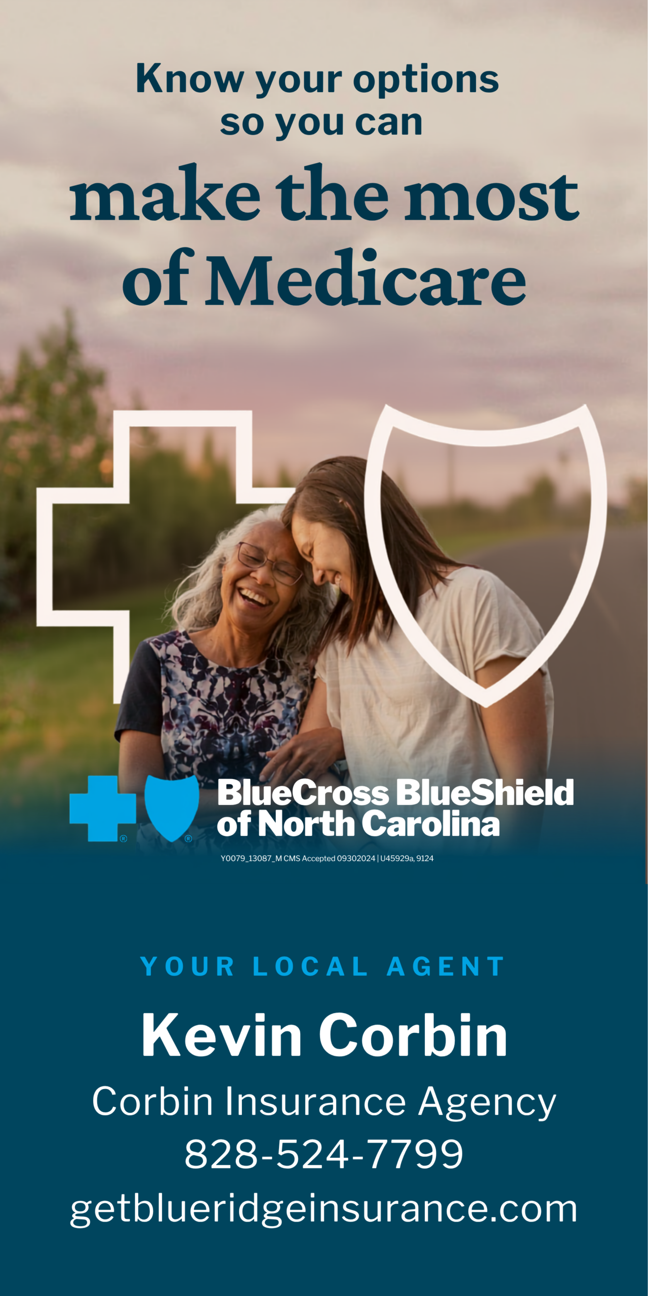 Medicare options and BlueCross BlueShield logo with agent contact info.