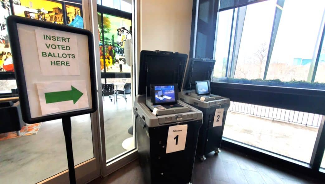 Voter ballot scanning machines at a polling station in North Carolina.