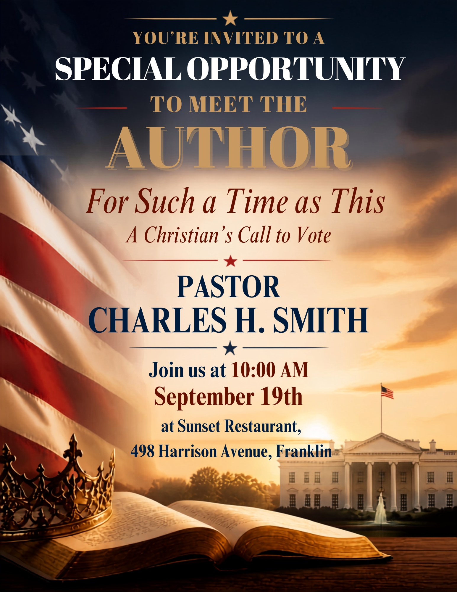 Invitation to meet Pastor Charles H. Smith at a book event on September 19th.