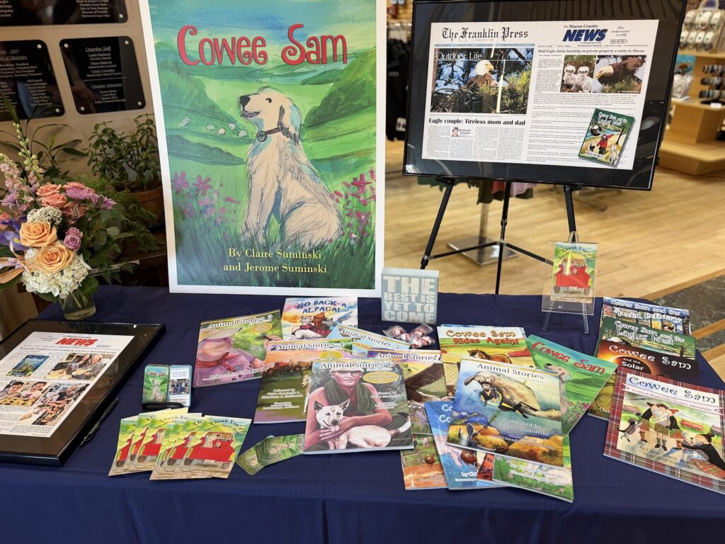 Display of children's books and media about Cowee Sam at Macon Sense.