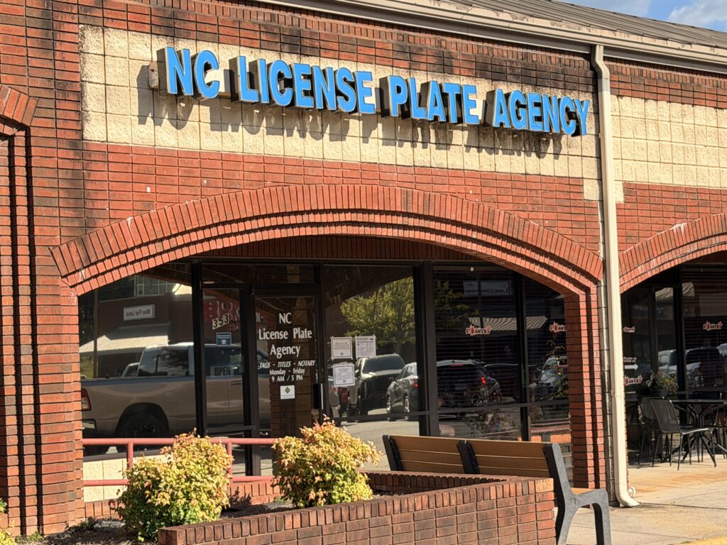 Exterior view of NC License Plate Agency in North Carolina.
