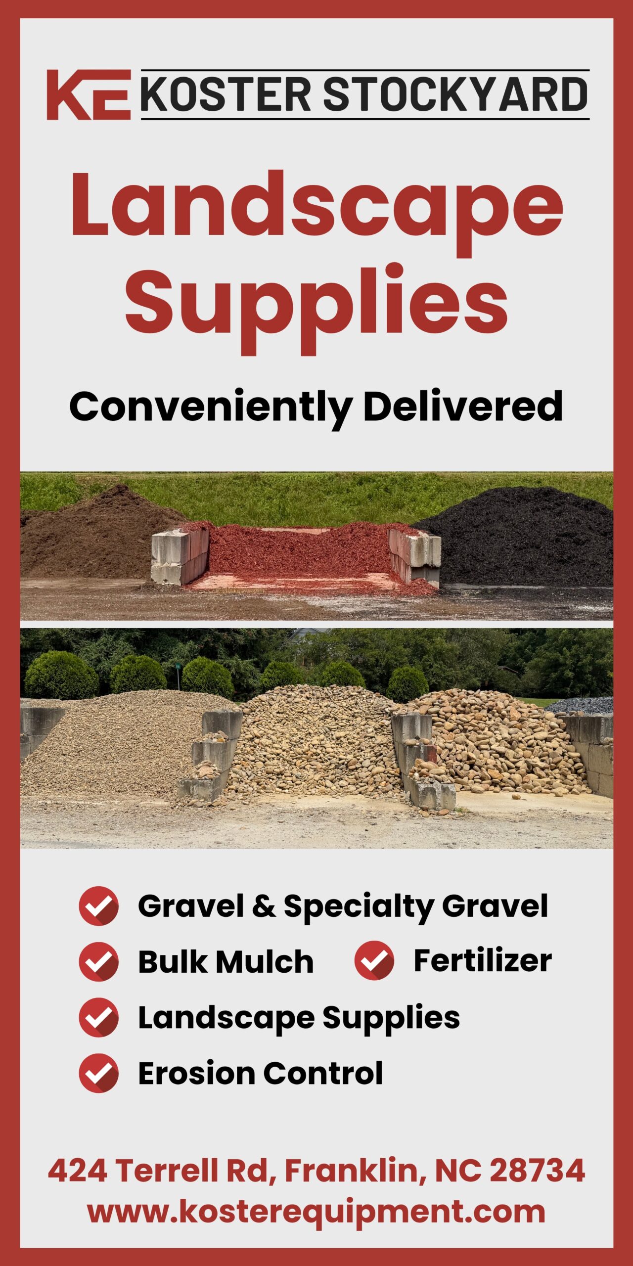 Koster Stockyard landscape supplies advertisement with gravel, mulch, and fertilizer options.