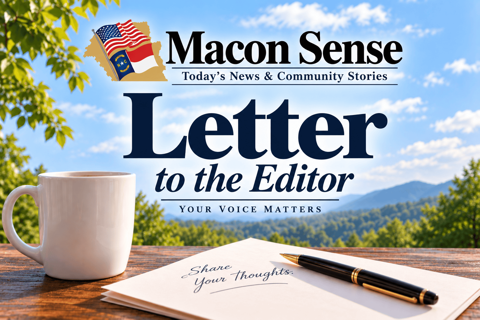 Letter to the Editor with a pen and coffee mug on a wooden table outdoors.
