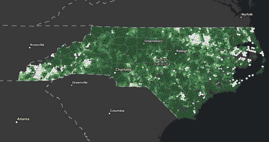 Map of North Carolina showing landline phase-out areas in green and white.