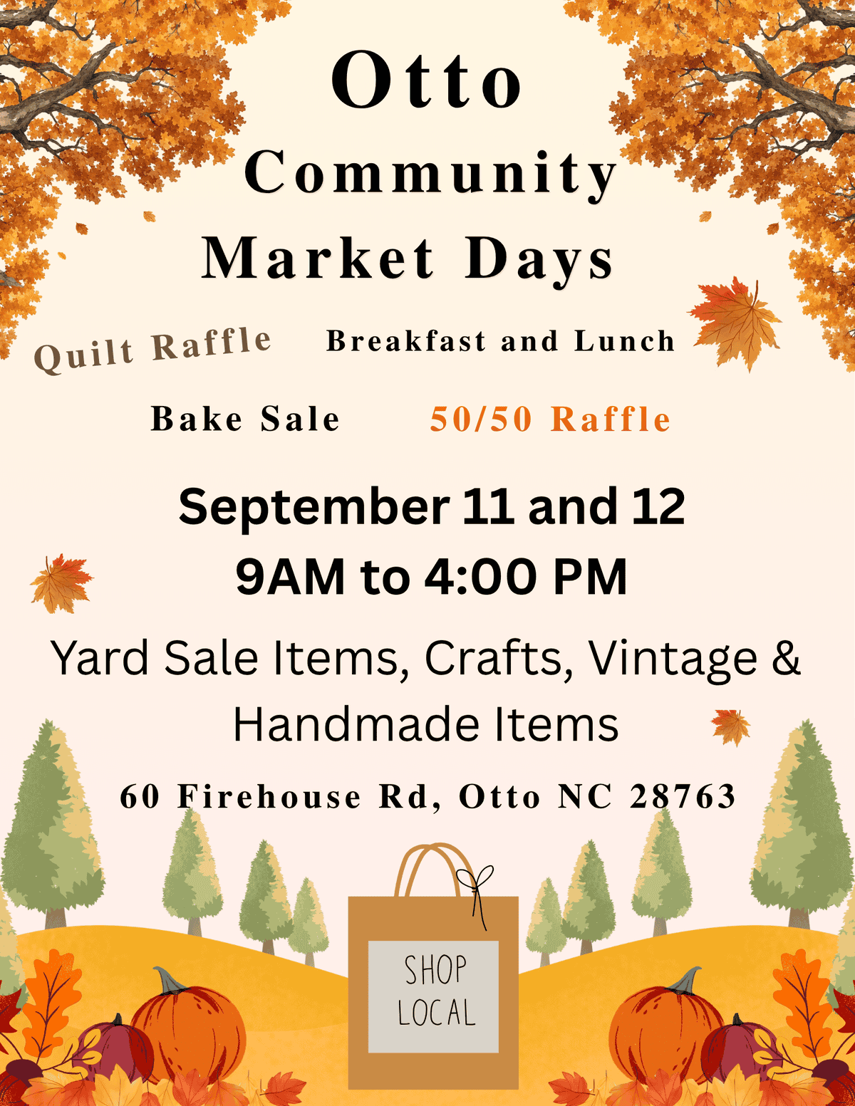 Fall-themed poster for Otto Community Market Days with crafts, bake sale, raffle, and yard sale.