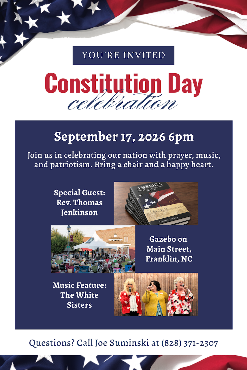 Constitution Day celebration poster with American flag design and event details.