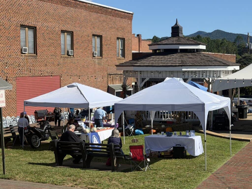 Outdoor market scene with tents, tables, and people on a sunny day in Macon.