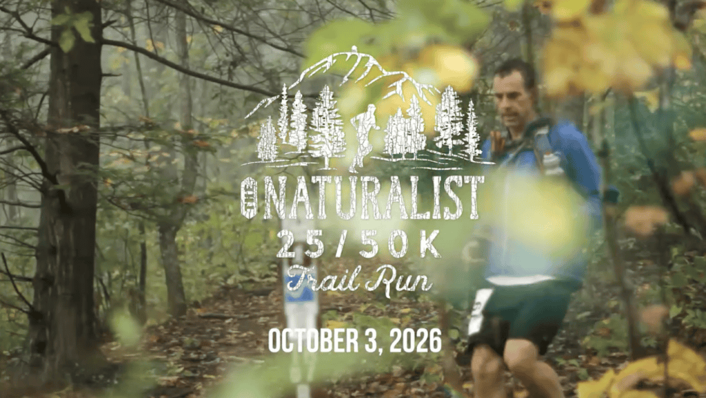 Naturalist Trail Run event poster with forest background and runner image.