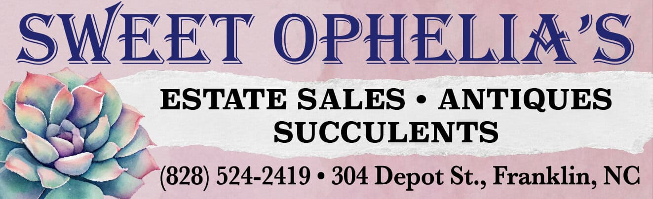 Elegant sign for Sweet Ophelia's estate sales, antiques, and succulents in Franklin, NC.