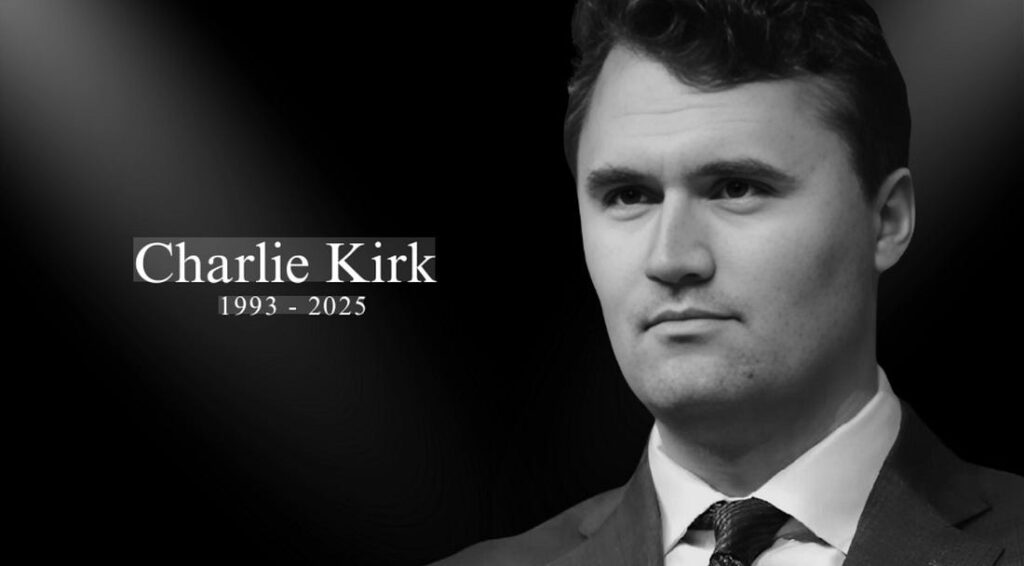 Black and white portrait of Charlie Kirk with his birth and death years.