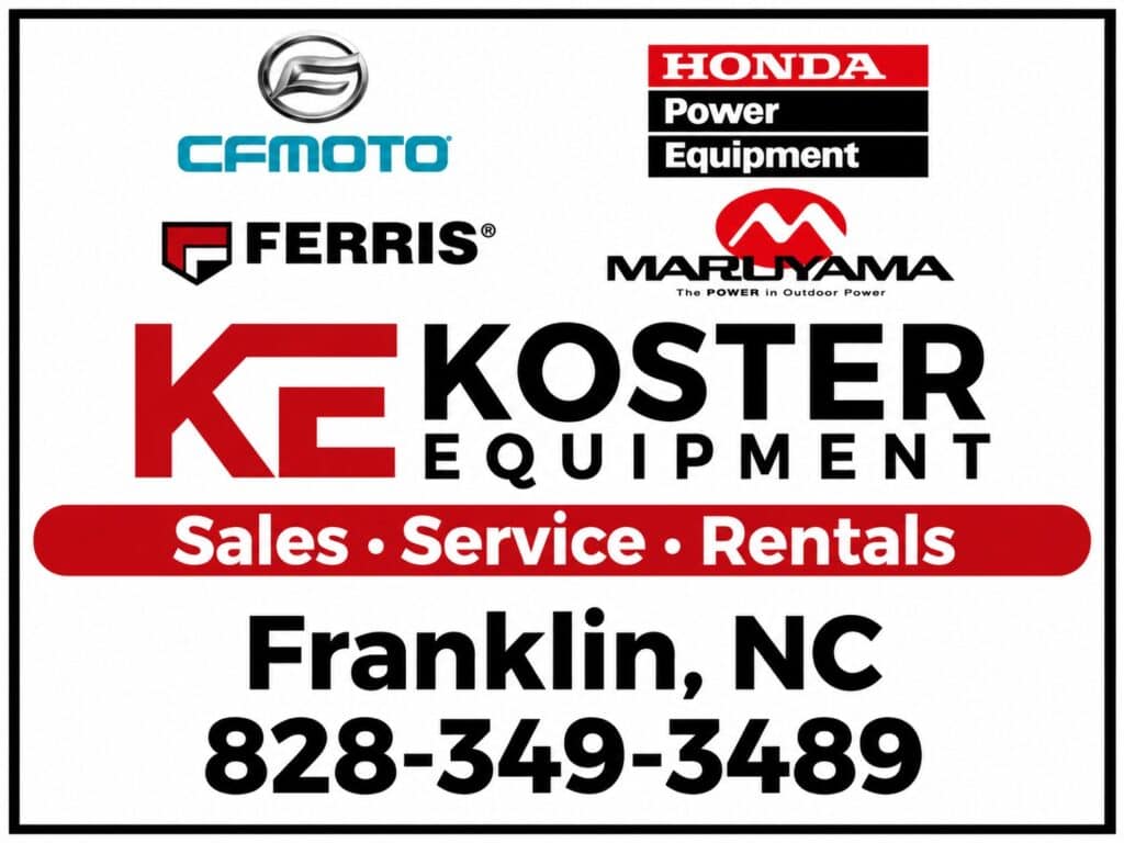 Koster Equipment logo with Honda, Ferris, CFMOTO, and Maruyama brands.
