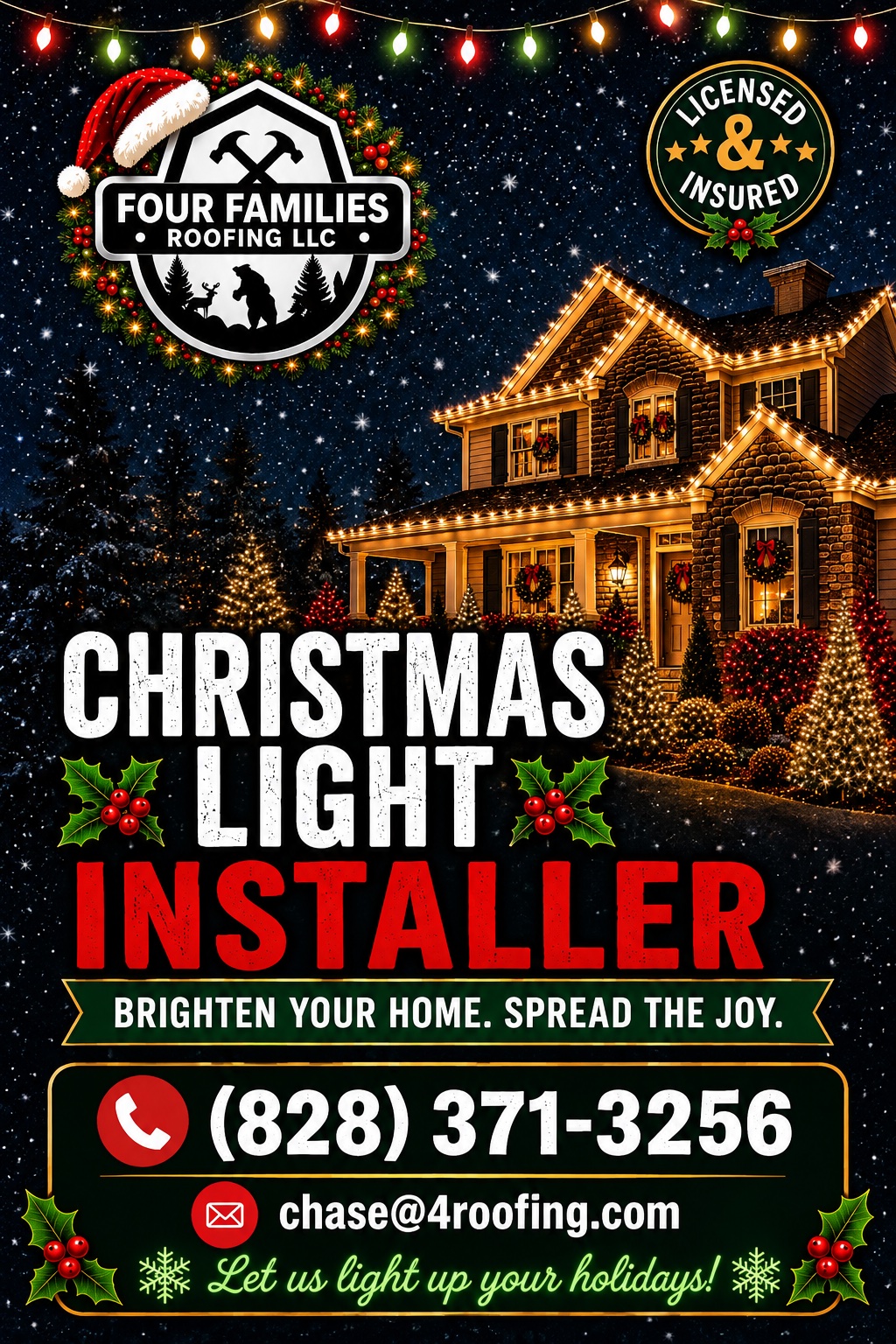 Christmas light installer ad with a decorated house and festive lights.