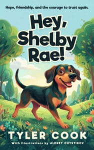 Colorful children's book cover featuring a happy dog in a park setting.