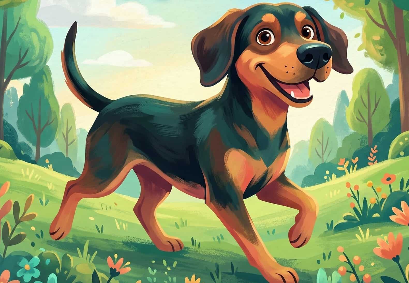 Cute animated dog running in a colorful park setting.