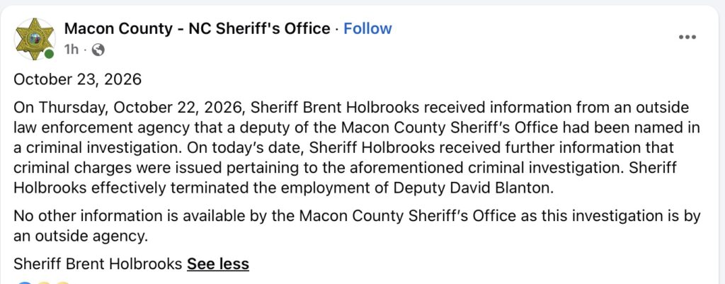 Macon County Sheriff's Office vehicle at a crime scene in North Carolina.