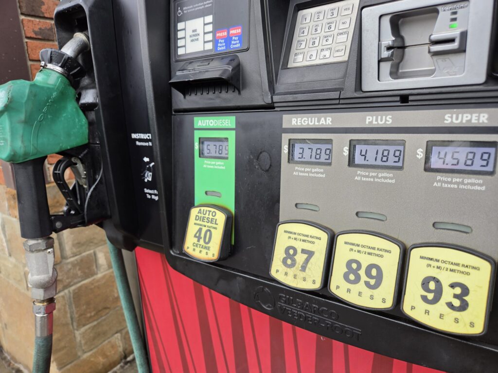 Gas pump displaying fuel prices at a North Carolina gas station.