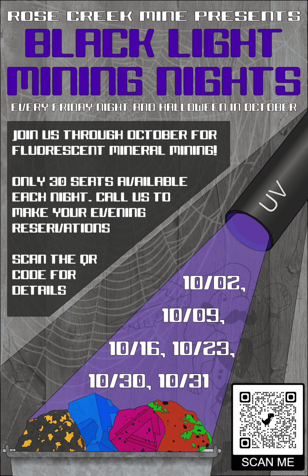 Black light mining event poster with UV flashlight and mineral illustrations.